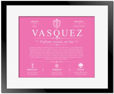 Vasquez family name origin and history in Pink with Black Matte Frame