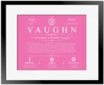 Vaughn family name meaning and origin in Pink with Black Matte Frame