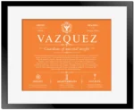 Vazquez surname history and heritage in Orange with Black Matte Frame