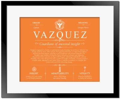 Vazquez surname history and heritage in Orange with Black Matte Frame