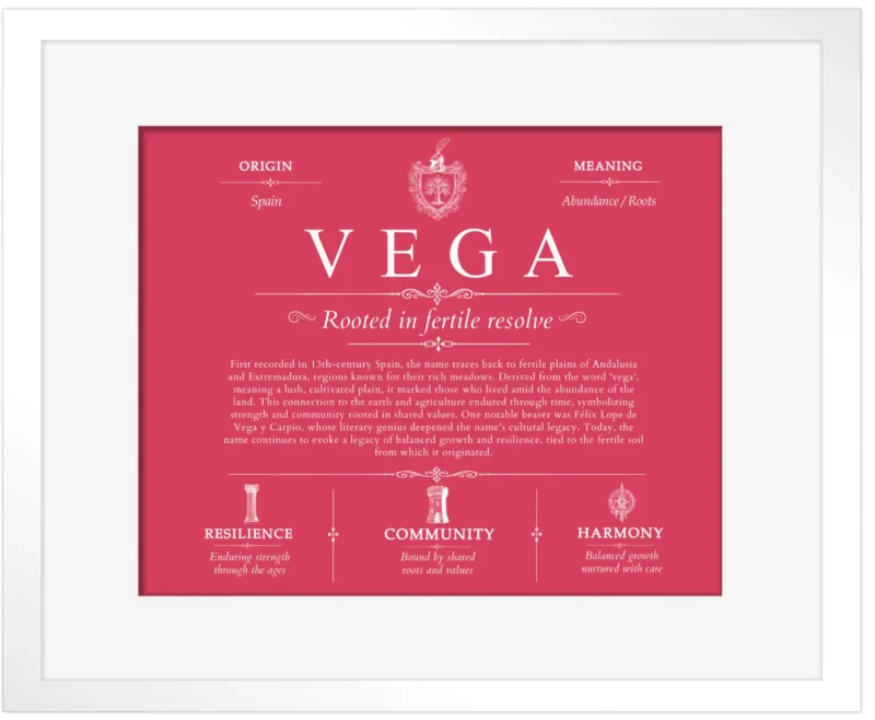 Vega surname meaning origin and heritage in Red with White Matte Frame