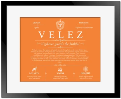 Velez personalized family surname in Orange with Black Matte Frame
