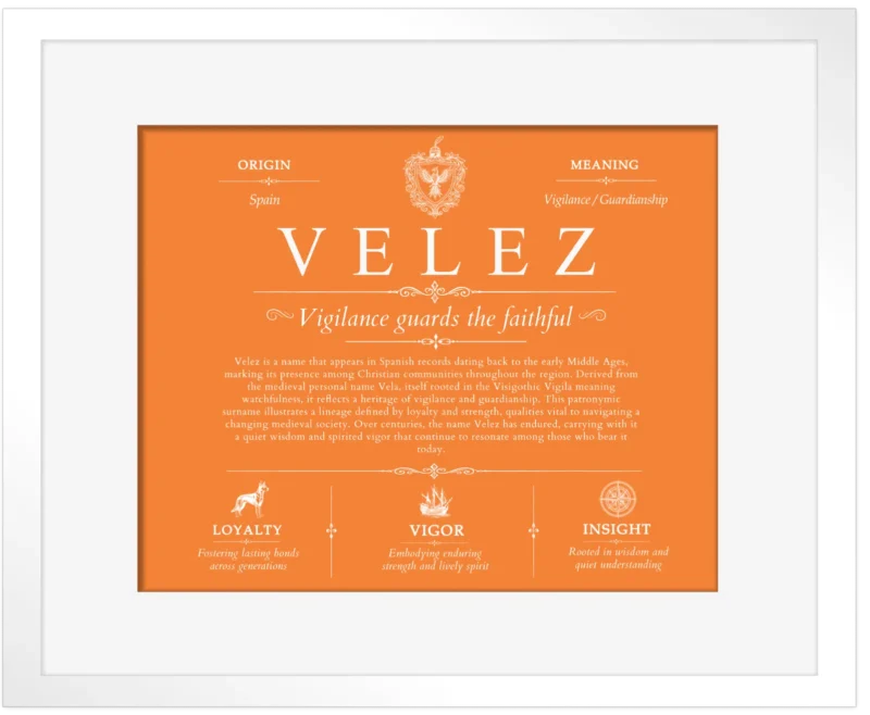 Velez personalized family surname in Orange with White Matte Frame