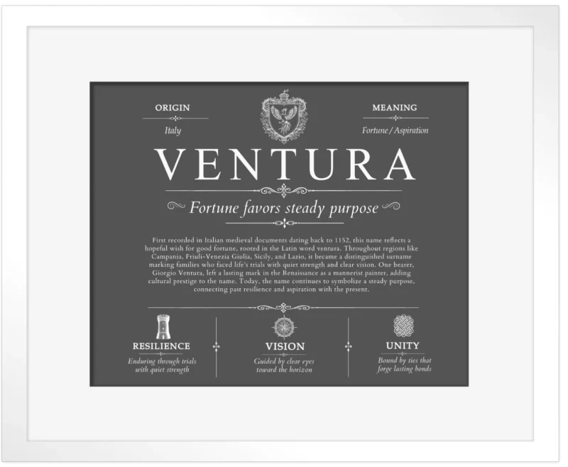 Ventura last name origin and heritage in Gray with White Matte Frame