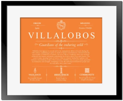 Villalobos personalized last name meaning in Orange with Black Matte Frame