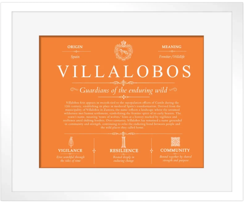 Villalobos personalized last name meaning in Orange with White Matte Frame