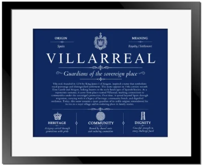 Villarreal surname meaning origin and heritage in Deep Blue with Black Matte Frame
