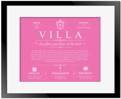 Villa surname origin and family heritage in Pink with Black Matte Frame