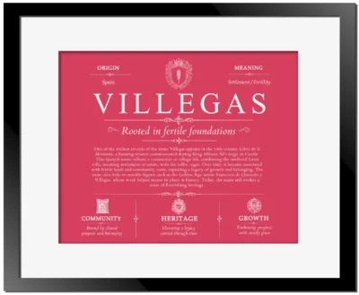 Villegas surname heritage and history in Red with Black Matte Frame