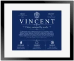 Vincent personalized surname meaning in Deep Blue with Black Matte Frame