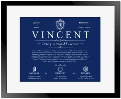 Vincent personalized surname meaning in Deep Blue with Black Matte Frame