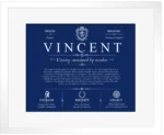 Vincent personalized surname meaning in Deep Blue with White Matte Frame