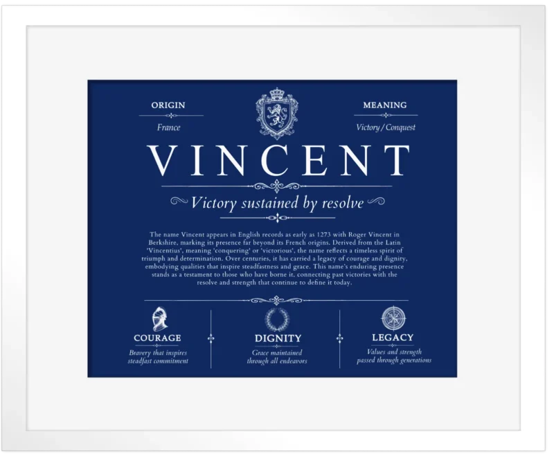 Vincent personalized surname meaning in Deep Blue with White Matte Frame