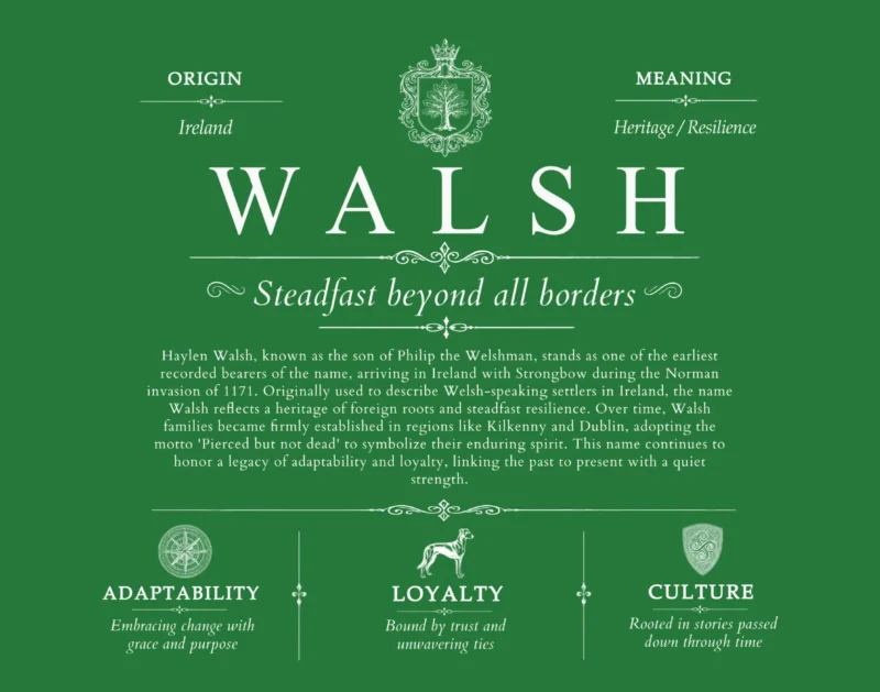 Walsh family name meaning and history in Dark Green
