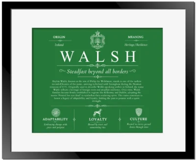 Walsh family name meaning and history in Dark Green with Black Matte Frame