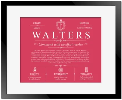 Walters personalized surname meaning in Red with Black Matte Frame