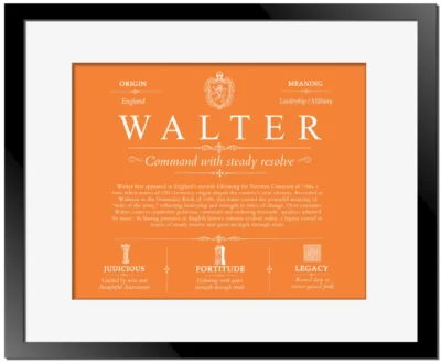 Walter surname meaning and origin in Orange with Black Matte Frame
