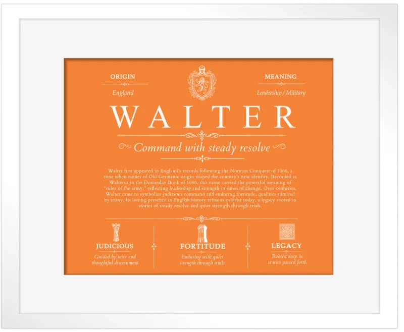 Walter surname meaning and origin in Orange with White Matte Frame