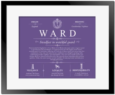 Ward personalized last name meaning in Purple with Black Matte Frame
