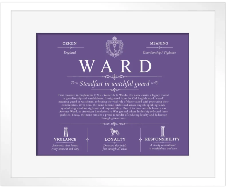 Ward personalized last name meaning in Purple with White Matte Frame