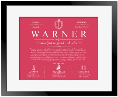 Warner family name history in Red with Black Matte Frame