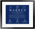 Warren surname meaning and heritage in Deep Blue with Black Matte Frame