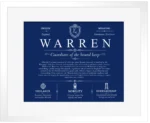 Warren surname meaning and heritage in Deep Blue with White Matte Frame Warren surname meaning and heritage in Deep Blue with White Matte Frame