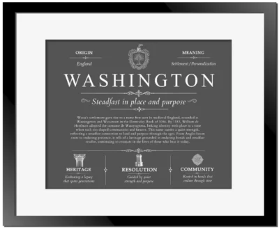 Washington personalized family surname in Gray with Black Matte Frame