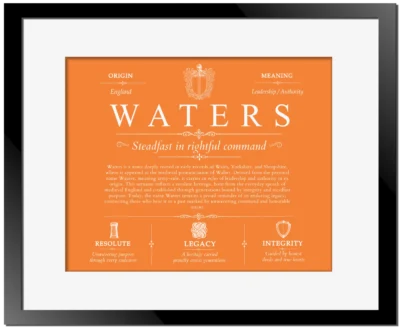Waters family name heritage in Orange with Black Matte Frame