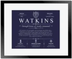 Watkins surname heritage and history in Navy Blue with Black Matte Frame