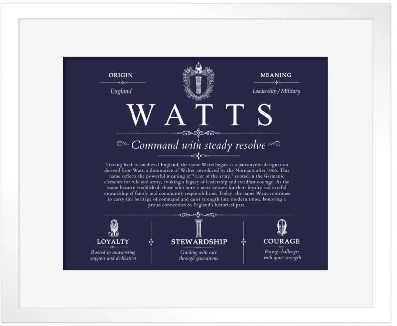 Watts last name meaning and origin in Navy Blue with White Matte Frame