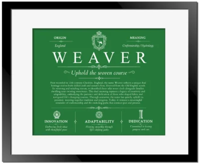 Weaver family name heritage in Dark Green with Black Matte Frame