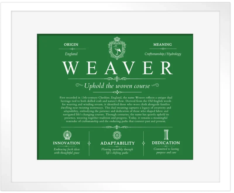 Weaver family name heritage in Dark Green with White Matte Frame