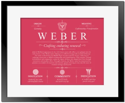 Weber family name meaning and origin in Red with Black Matte Frame