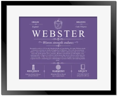 Webster family name heritage in Purple with Black Matte Frame