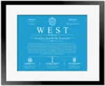 West last name history and origin in Blue with Black Matte Frame