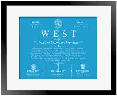 West last name history and origin in Blue with Black Matte Frame