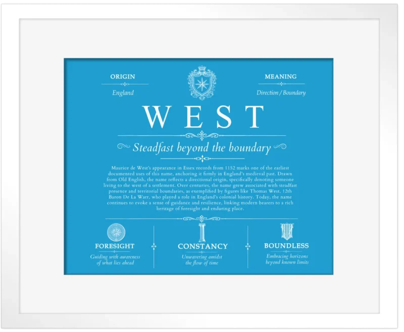West last name history and origin in Blue with White Matte Frame