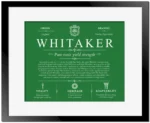 Whitaker family name meaning and origin in Dark Green with Black Matte Frame