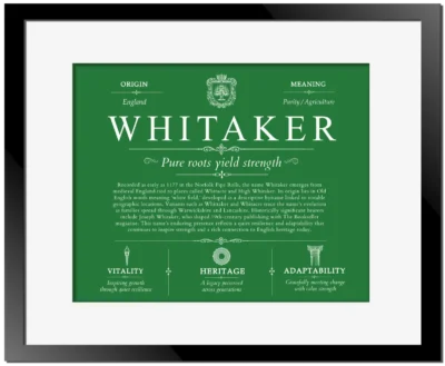 Whitaker family name meaning and origin in Dark Green with Black Matte Frame