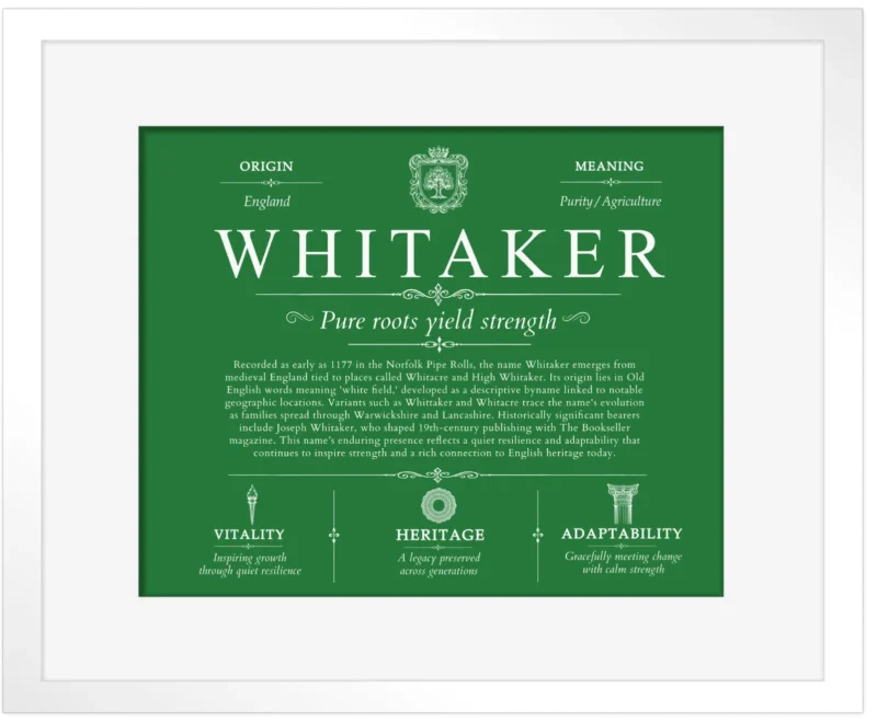 Whitaker family name meaning and origin in Dark Green with White Matte Frame
