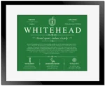 Whitehead surname history and family heritage in Dark Green with Black Matte Frame