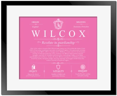 Wilcox surname origin and family heritage in Pink with Black Matte Frame