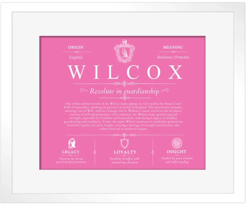 Wilcox surname origin and family heritage in Pink with White Matte Frame