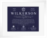 Wilkerson surname meaning history and origin in Navy Blue with White Matte Frame