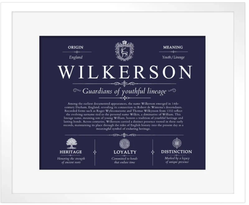 Wilkerson surname meaning history and origin in Navy Blue with White Matte Frame