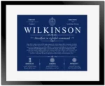Wilkinson family name origin and history in Deep Blue with Black Matte Frame