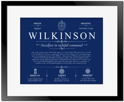 Wilkinson family name origin and history in Deep Blue with Black Matte Frame