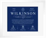 Wilkinson family name origin and history in Deep Blue with White Matte Frame Wilkinson family name origin and history in Deep Blue with White Matte Frame