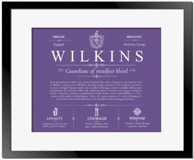 Wilkins family name origin and history in Purple with Black Matte Frame